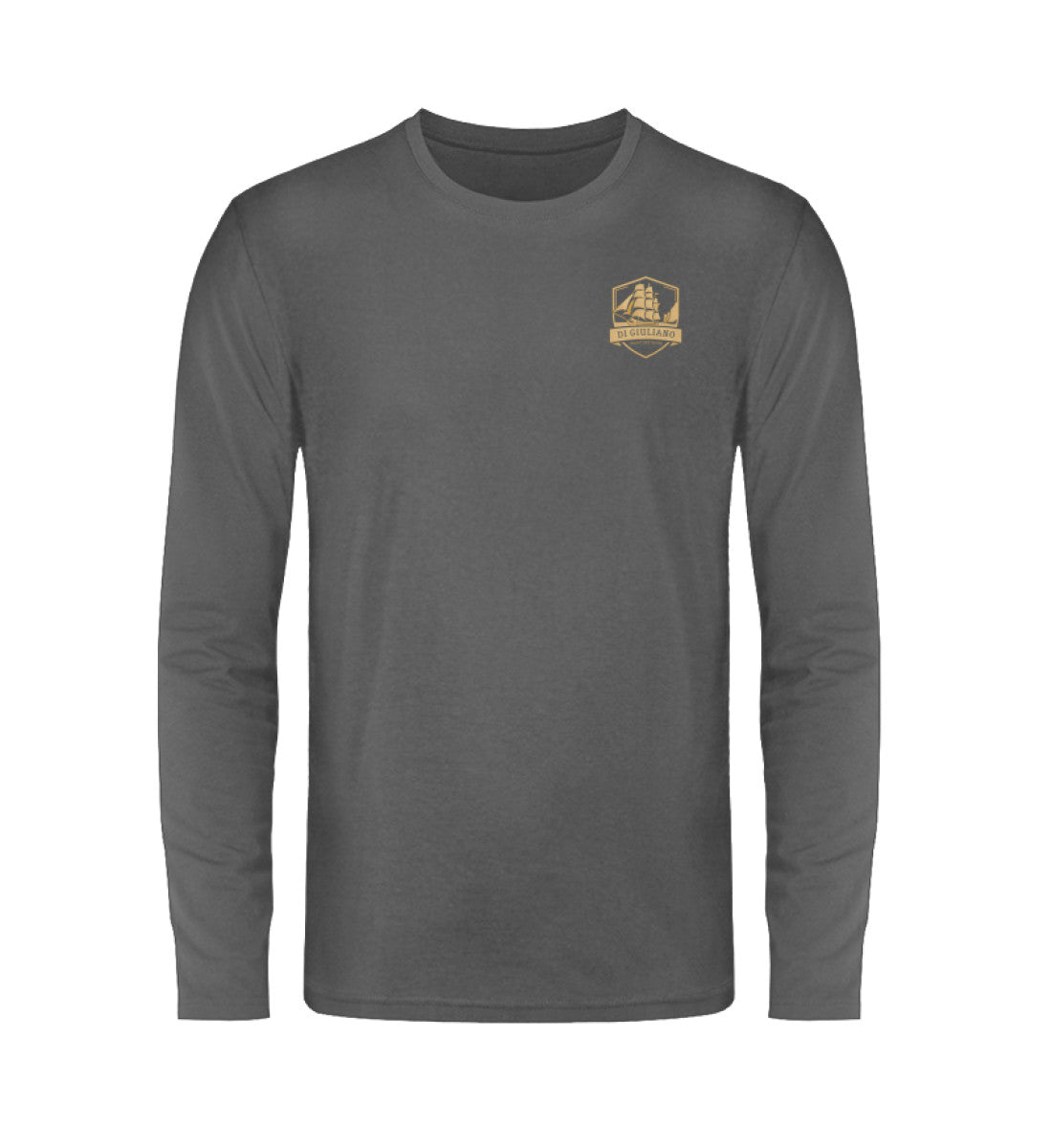 Dunkelgrau maritimes Unisex Langarmshirt in Weinrot mit edlem goldfarbenem Di Giuliano Dreimaster-Wappen auf der linken Brust. (Dark Grey (Solid)-627) www.digiuliano.com