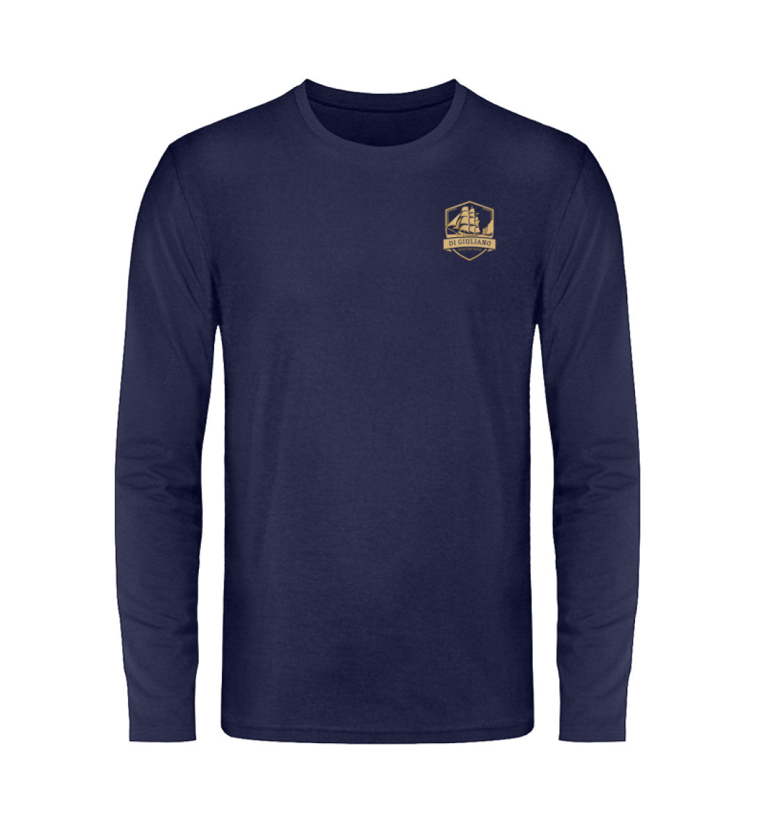 Marine maritimes Unisex Langarmshirt in Weinrot mit edlem goldfarbenem Di Giuliano Dreimaster-Wappen auf der linken Brust. (Navy-198) www.digiuliano.com