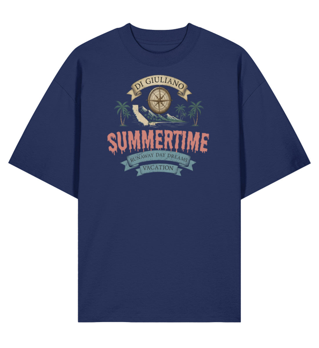 Dunkelblau maritimes Organic Oversized Shirt mit Kompass-Design, Palmen, Vintage-Schriftzügen und nachhaltiger Bio-Qualität (French Navy-6057) digiuliano.com