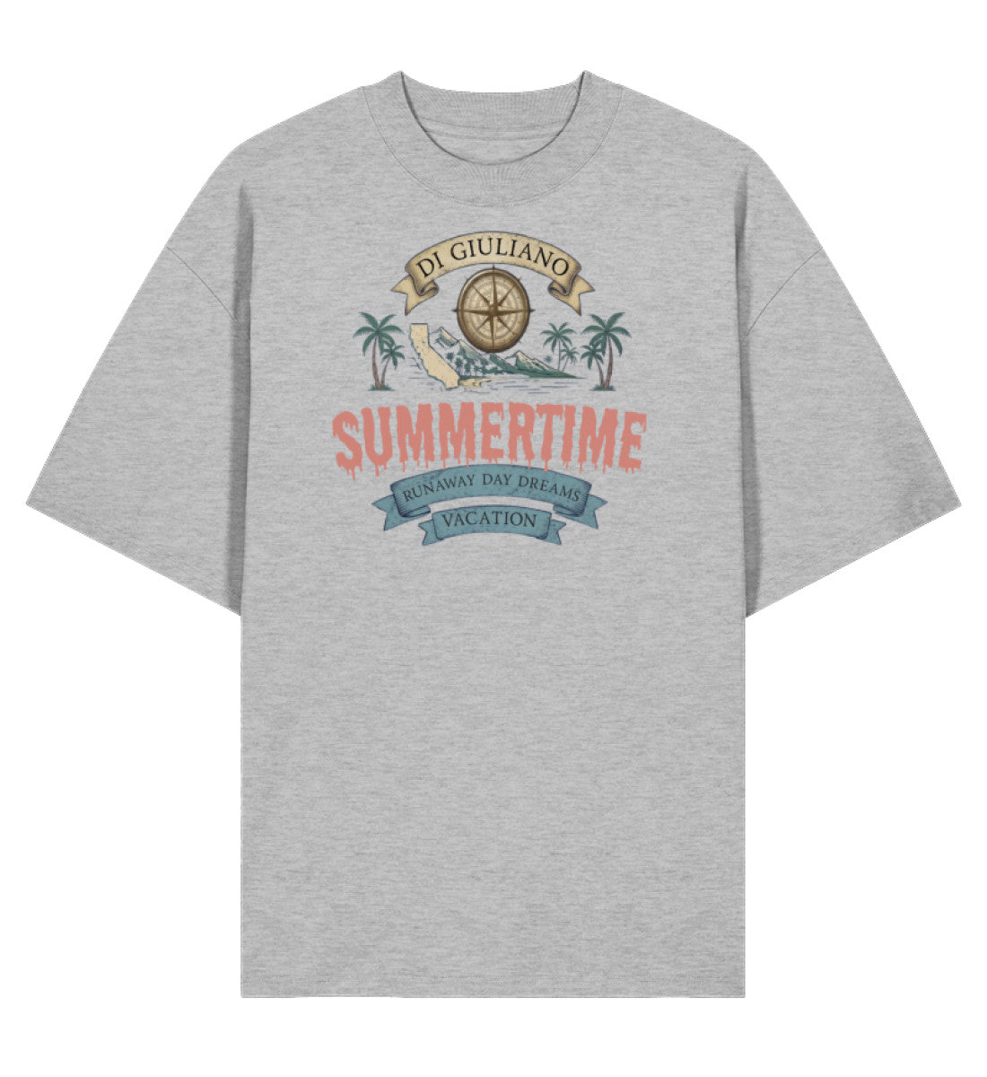 Grau maritimes Organic Oversized Shirt mit Kompass-Design, Palmen, Vintage-Schriftzügen und nachhaltiger Bio-Qualität (Heather Grey-17) digiuliano.com