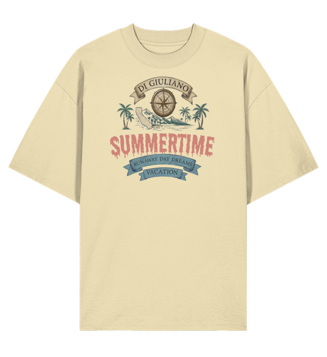 Naturgelb maritimes Organic Oversized Shirt mit Kompass-Design, Palmen, Vintage-Schriftzügen und nachhaltiger Bio-Qualität (Natural Raw-7131) digiuliano.com