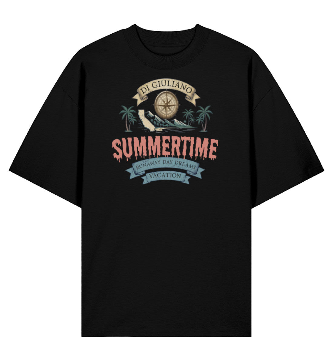 Schwarz maritimes Organic Oversized Shirt mit Kompass-Design, Palmen, Vintage-Schriftzügen und nachhaltiger Bio-Qualität (Black-16) digiuliano.com
