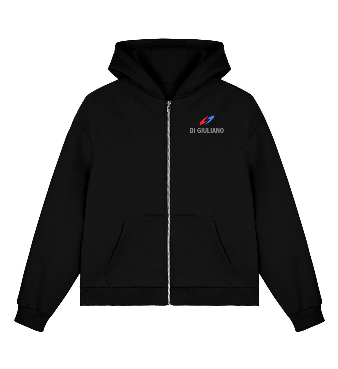 Schwarz maritimer Fluffy Boxcut Zipper in der Vorderansicht mit Metall-Reißverschluss, Kängurutasche und flauschiger Kapuze aus Bio-Baumwolle. (Black-16) www.digiuliano.com