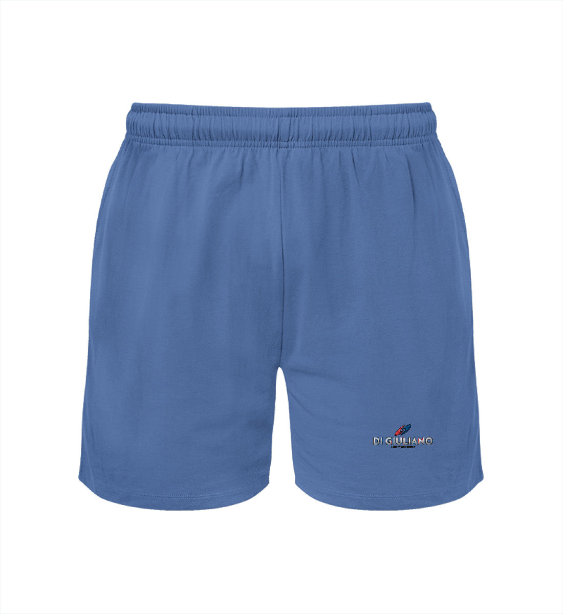 Hellblau maritime Unisex Bio Single-Jersey Shorts in der Vorderansicht mit elastischem Bund und versteckter Kordel aus 100% Bio-Baumwolle. (Bright Blue-7268) www.digiuliano.com