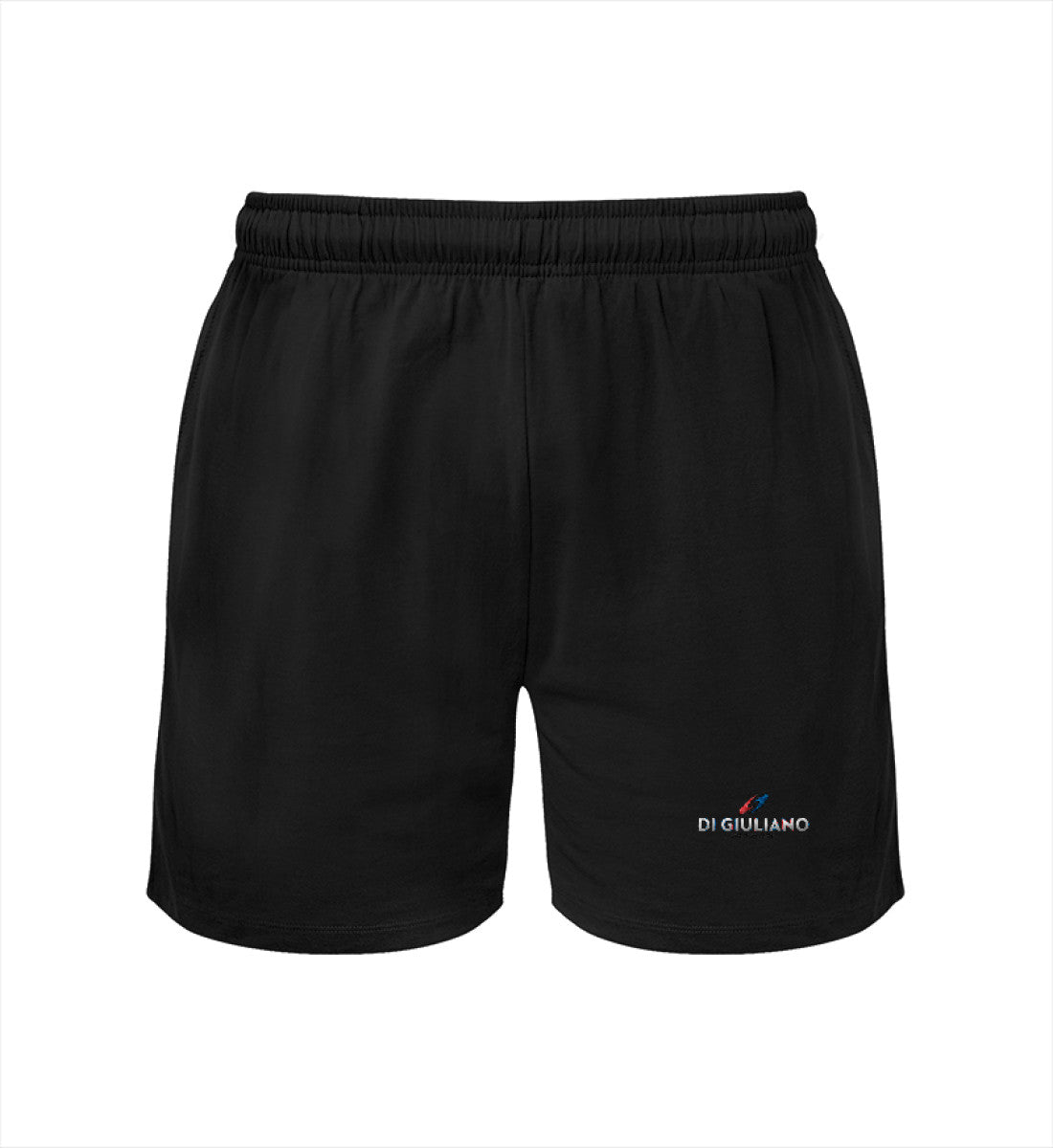 Schwarz maritime Unisex Bio Single-Jersey Shorts in der Vorderansicht mit elastischem Bund und versteckter Kordel aus 100% Bio-Baumwolle. (Black-16) www.digiuliano.com
