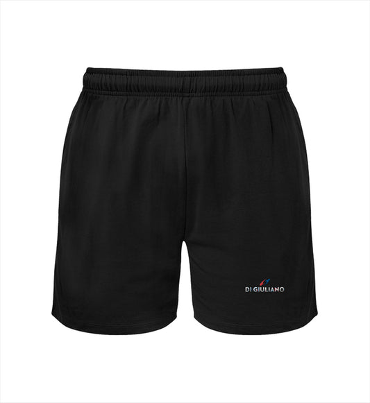 Schwarz maritime Unisex Bio Single-Jersey Shorts in der Vorderansicht mit elastischem Bund und versteckter Kordel aus 100% Bio-Baumwolle. (Black-16) www.digiuliano.com