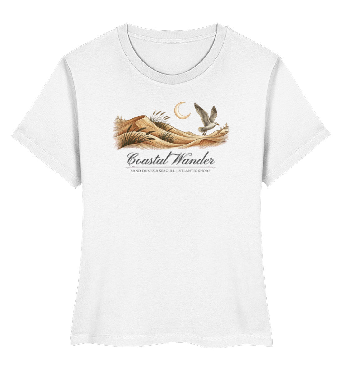 Ein weisses Damen Bio-T-Shirt mit Rundhalsausschnitt, bedruckt mit dem maritimen Design „Coastal Wander“, das Sanddünen, eine Möwe und eine Mondsichel zeigt.(White-3) digiuliano.com