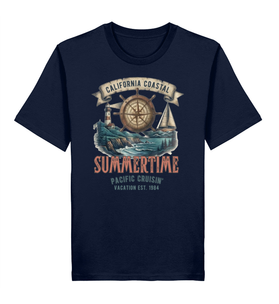 Dunkelblaues Bio Damen T-Shirt mit maritimem Print aus Steuerrad, Leuchtturm, Segelboot und dem Schriftzug „California Coastal Summertime (French Navy-6887) digiuliano.com