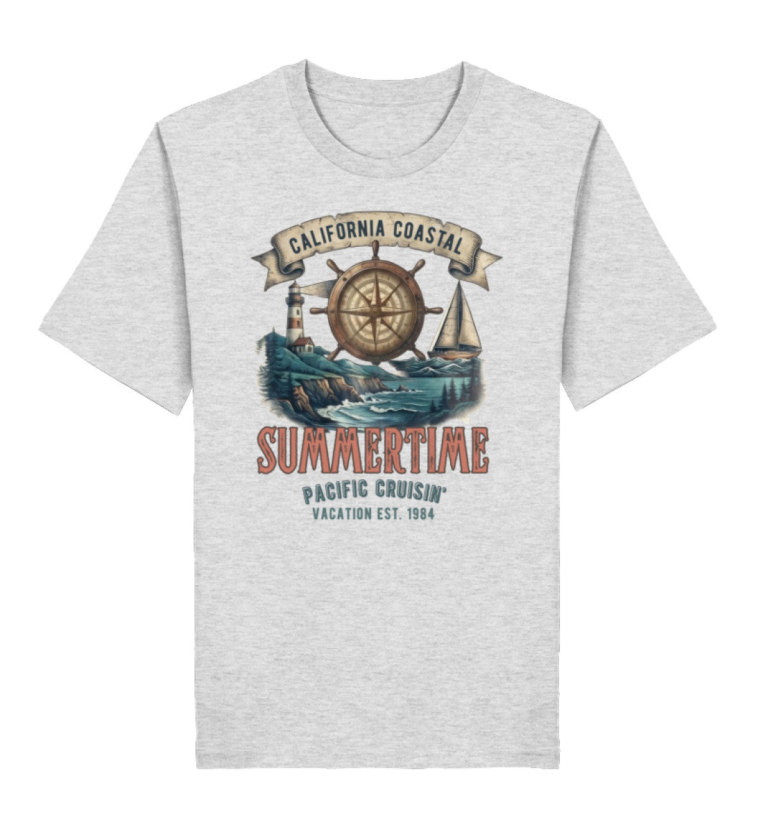 Graues Bio Damen T-Shirt mit maritimem Print aus Steuerrad, Leuchtturm, Segelboot und dem Schriftzug „California Coastal Summertime (Heather Grey-6892) digiuliano.com