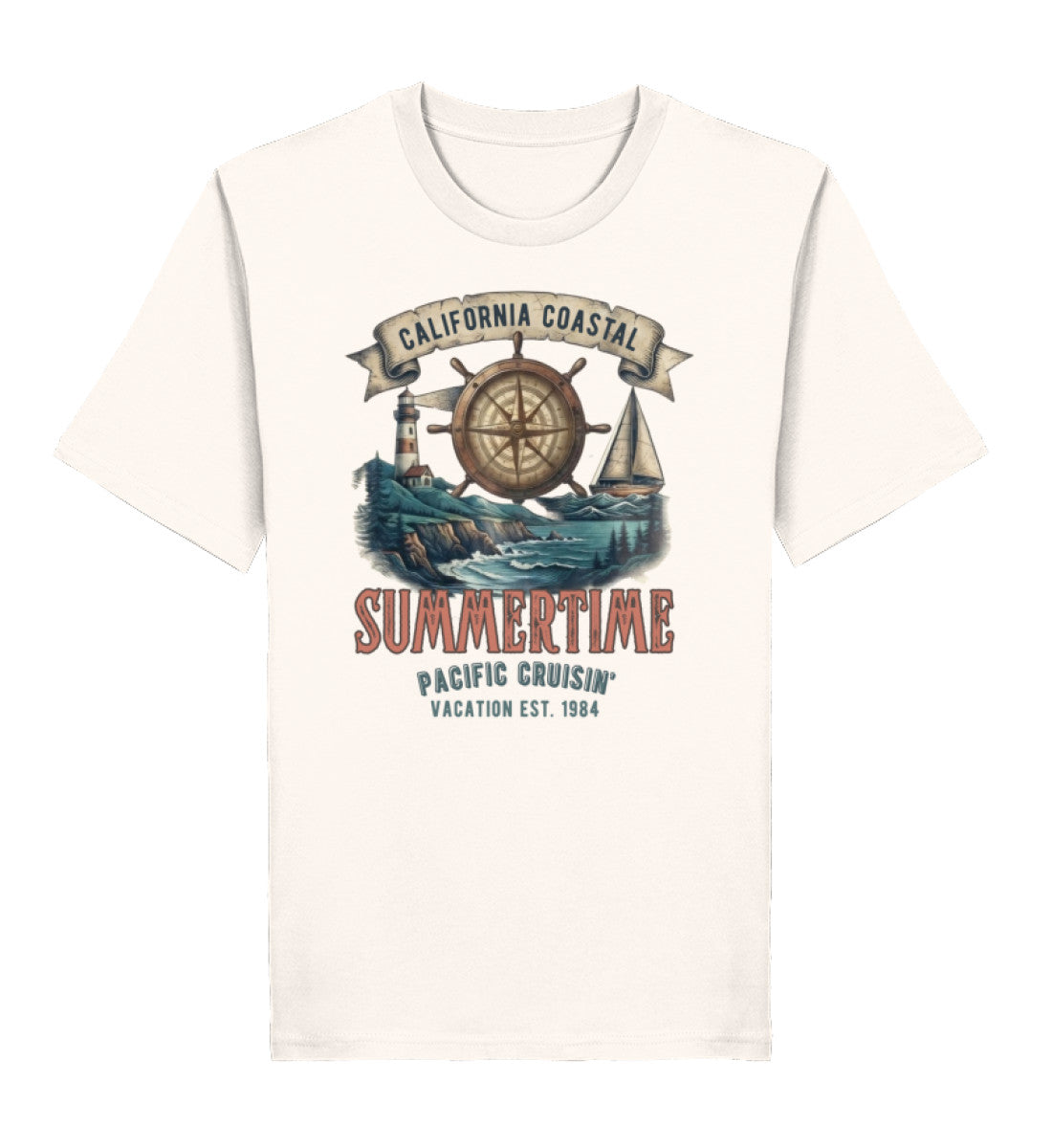 Natur Bio Damen T-Shirt mit maritimem Print aus Steuerrad, Leuchtturm, Segelboot und dem Schriftzug „California Coastal Summertime. (Vintage White-6881) digiuliano.com