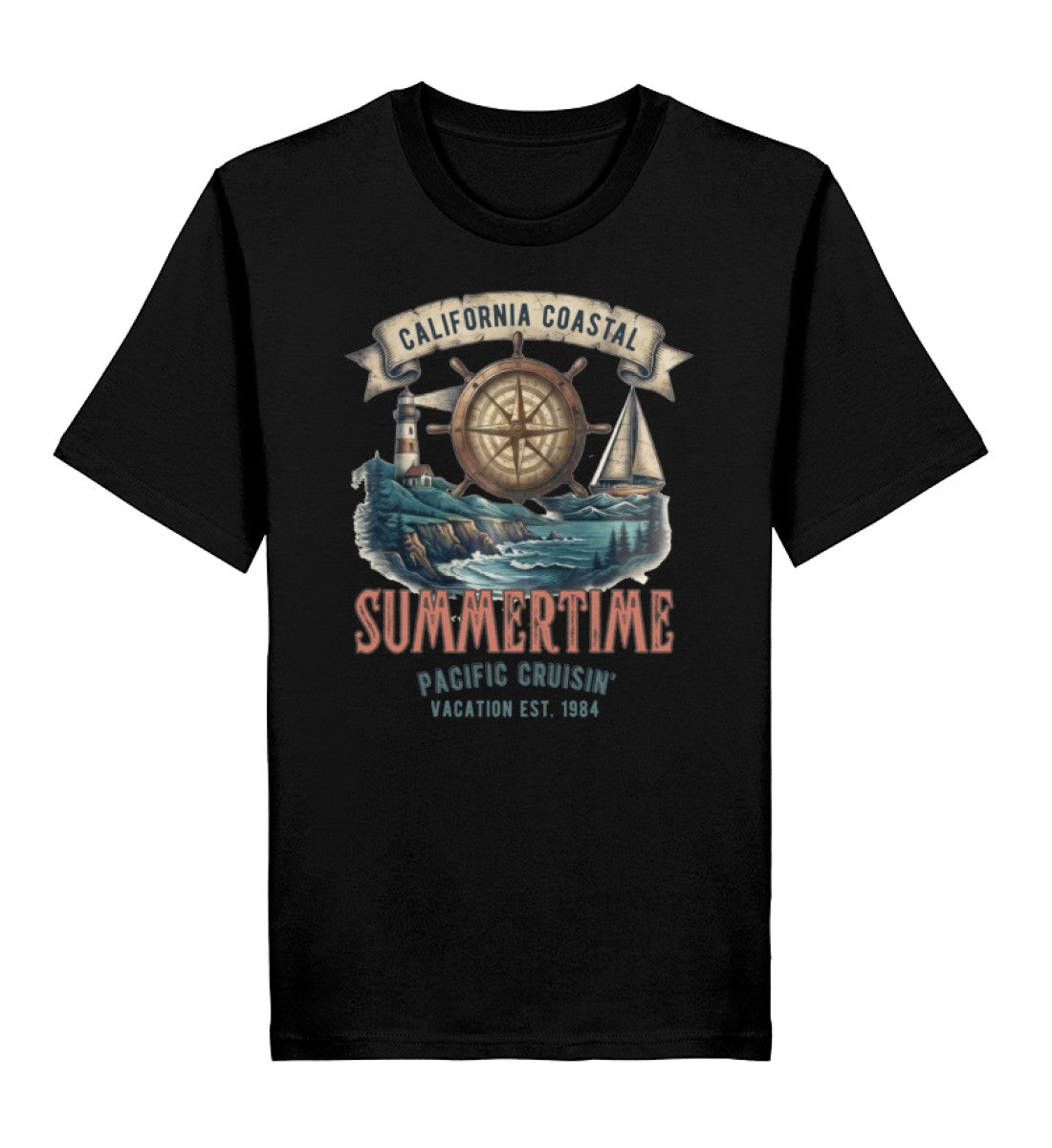 Schwarzes Bio Damen T-Shirt mit maritimem Print aus Steuerrad, Leuchtturm, Segelboot und dem Schriftzug „California Coastal Summertime (Black-16) digiuliano.com
