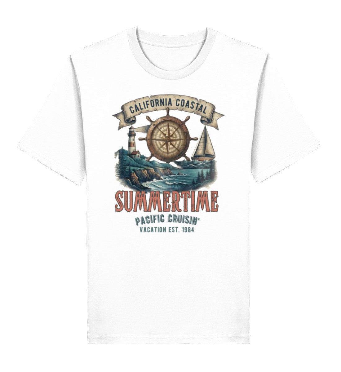 Weisses Bio Damen T-Shirt mit maritimem Print aus Steuerrad, Leuchtturm, Segelboot und dem Schriftzug „California Coastal Summertime (White-3) digiuliano.com