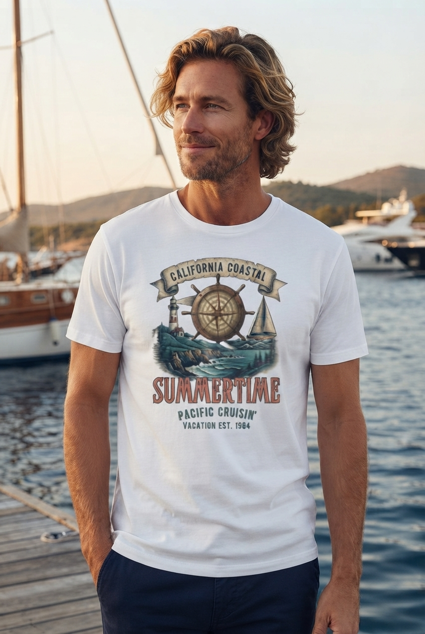 Weißes Bio Damen T-Shirt mit maritimem Print aus Steuerrad, Leuchtturm, Segelboot und dem Schriftzug „California Coastal Summertime. digiuliano.com