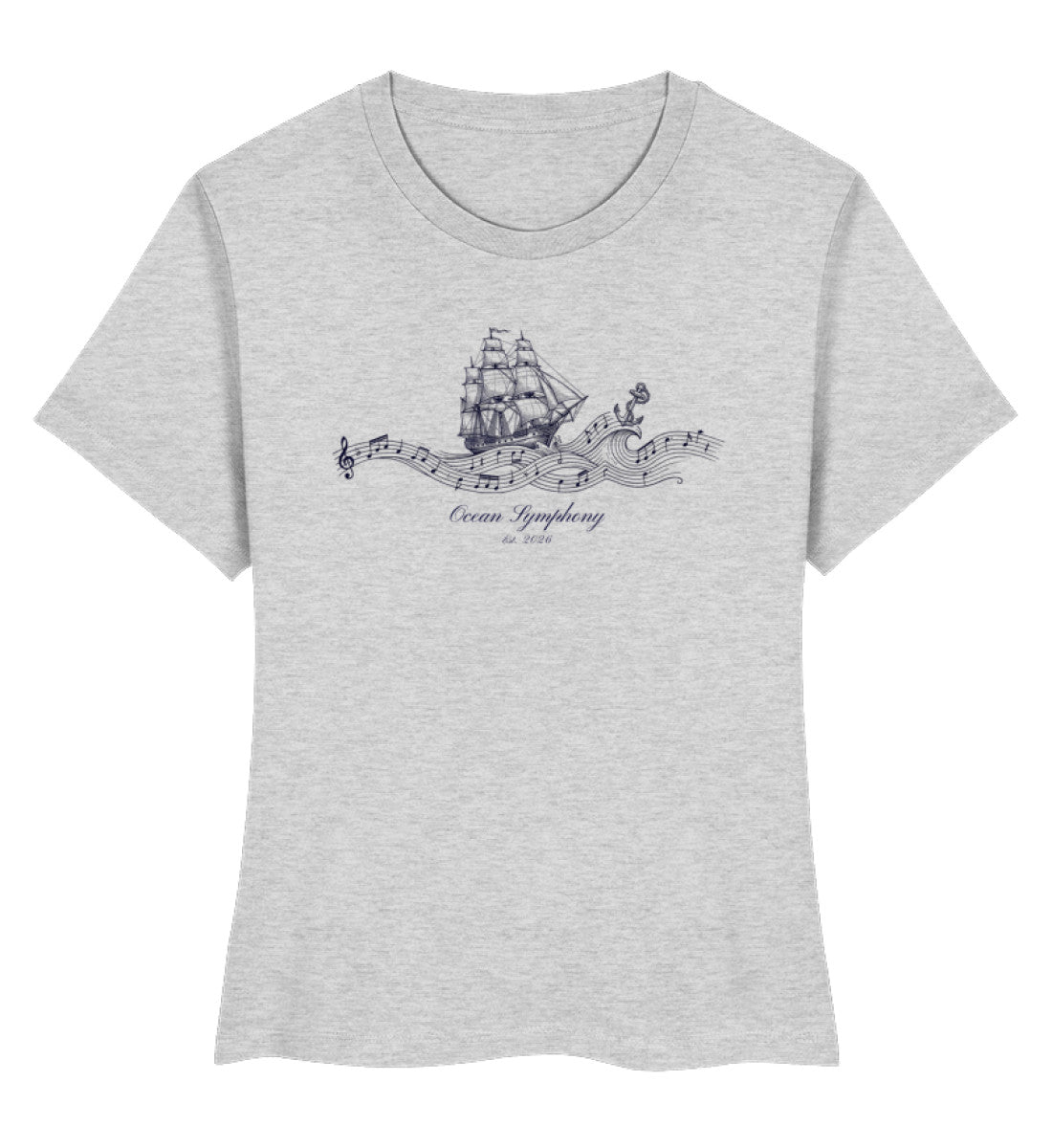 Ein graues Ocean Symphony Premium Organic Damen-Shirt mit einem detaillierten Design eines historischen Segelschiffs, das auf musikalischen Wellen mit Notenschlüsseln und einem Anker reitet. (Heather Grey-6892)
