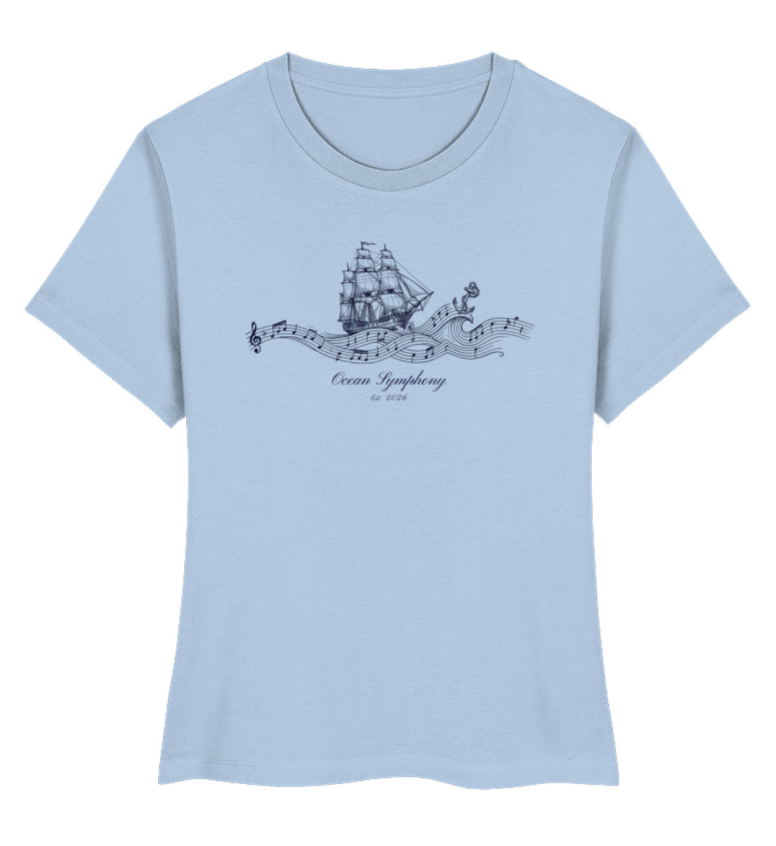 Ein klares Hellblau Ocean Symphony Premium Organic Damen-Shirt mit einem detaillierten Design eines historischen Segelschiffs, das auf musikalischen Wellen mit Notenschlüsseln und einem Anker reitet. (Blue Soul-7317)