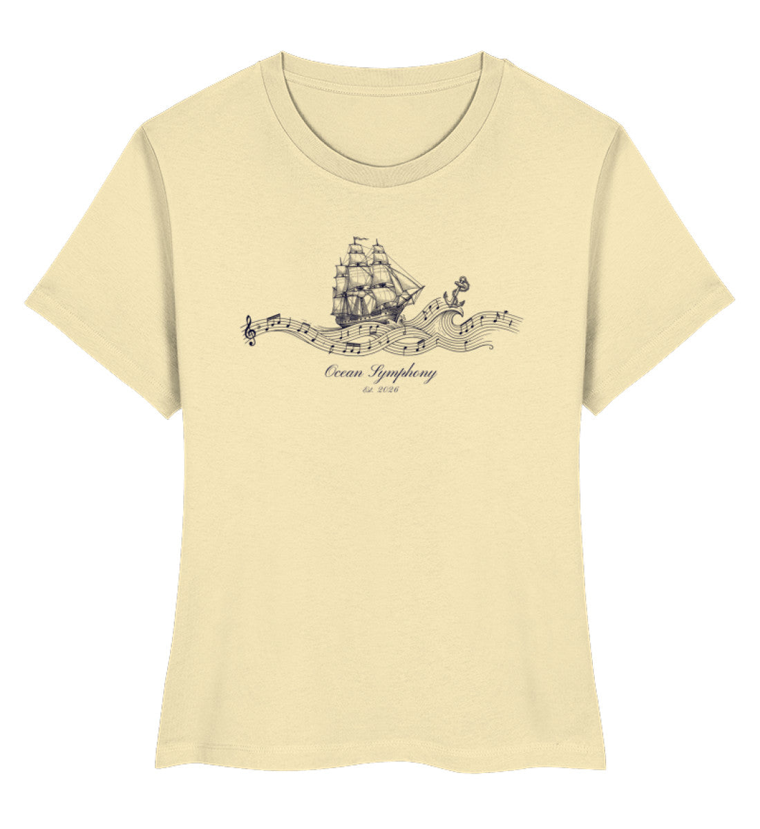 Ein naturbelassene Ocean Symphony Premium Organic Damen-Shirt mit einem detaillierten Design eines historischen Segelschiffs, das auf musikalischen Wellen mit Notenschlüsseln und einem Anker reitet. (Natural Raw-7131)