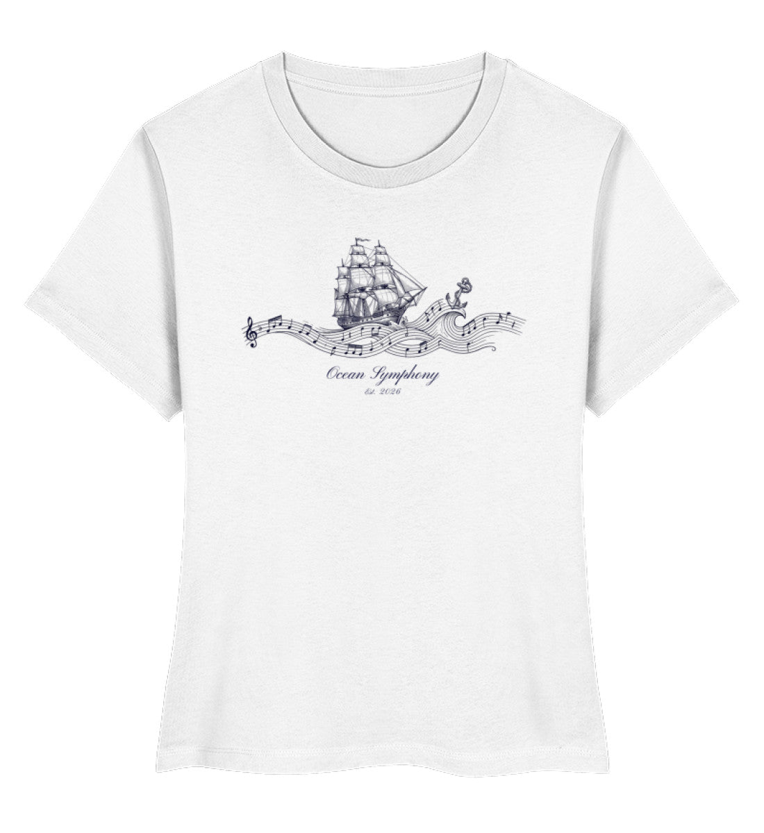 Ein weißes Ocean Symphony Premium Organic Damen-Shirt mit einem detaillierten Design eines historischen Segelschiffs, das auf musikalischen Wellen mit Notenschlüsseln und einem Anker reitet. (White-3)