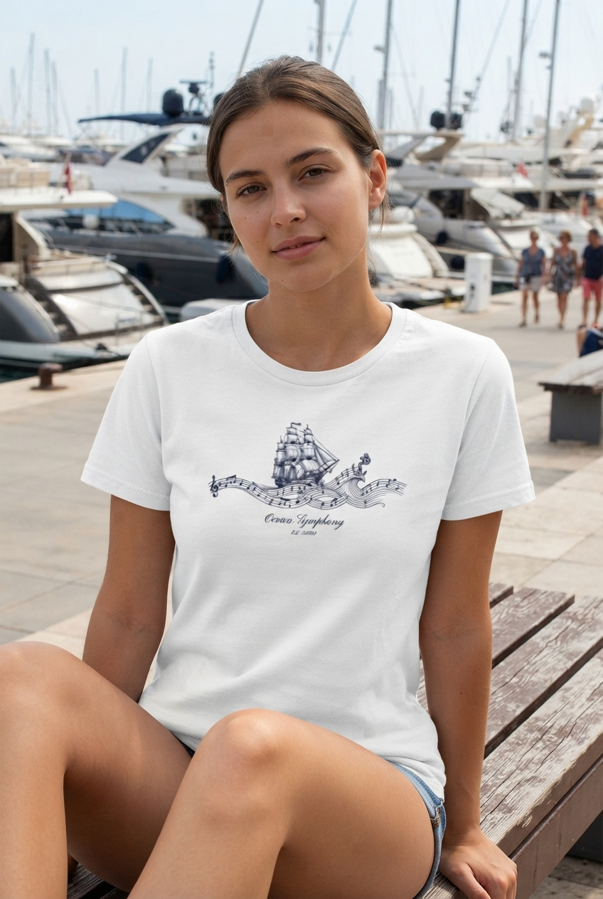 Ein weißes Ocean Symphony Premium Organic Damen-Shirt mit einem detaillierten Design eines historischen Segelschiffs, das auf musikalischen Wellen mit Notenschlüsseln und einem Anker reitet. (white-3)