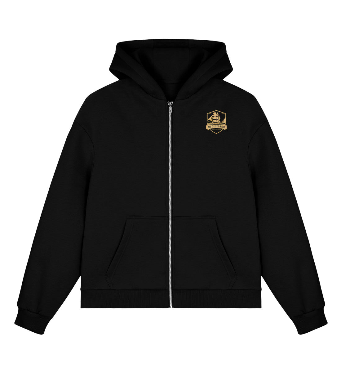 Schwarz maritimer Boxcut Zipper mit Metall-Reißverschluss, Kängurutasche und kleinem bedruckten DI GIULIANO Logo auf der Brust (Black-16) www.digiuliano.com