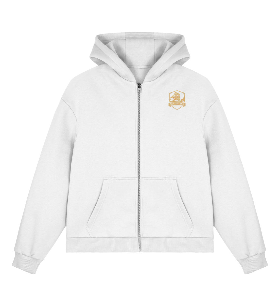 Weiss maritimer Boxcut Zipper mit Metall-Reißverschluss, Kängurutasche und kleinem bedruckten DI GIULIANO Logo auf der Brust.(White-3) www.digiuliano.com