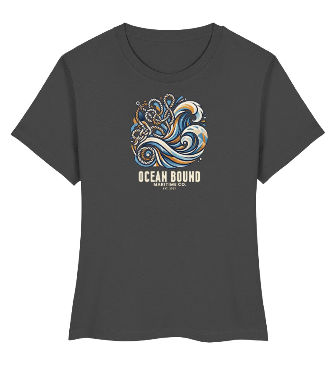 Anthrazit maritimes Damen Premium Organic Shirt „Ocean Bound Maritime Co.“ mit kraftvollem Wellen- und Seil-Grafikdesign in Navy-Blau und Ockerton. (Anthracite-6896) digiuliano.com