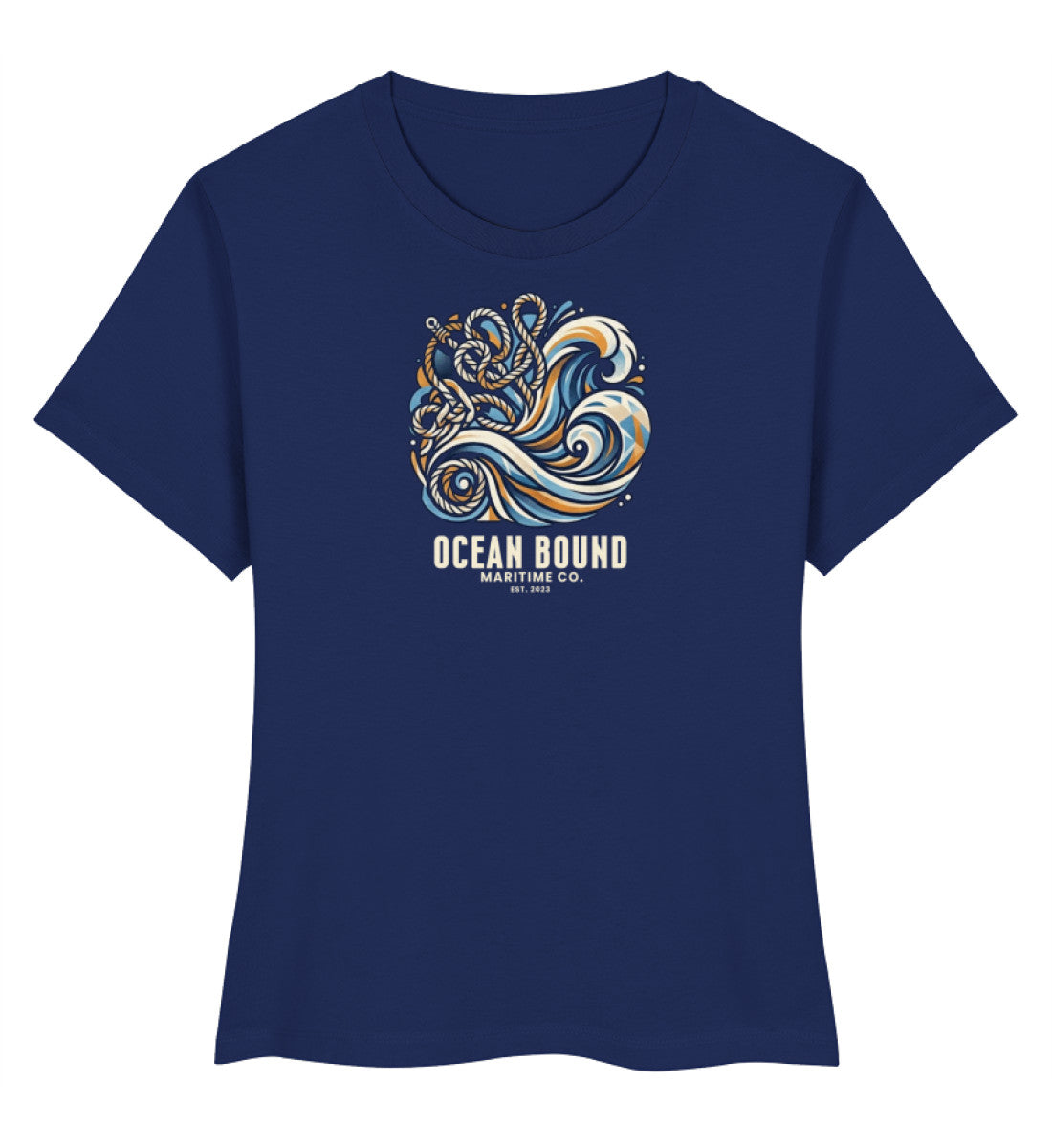 Dunkelblaues maritimes Damen Premium Organic Shirt „Ocean Bound Maritime Co.“ mit kraftvollem Wellen- und Seil-Grafikdesign in Navy-Blau und Ockerton. (French Navy-6057) digiuliano.com