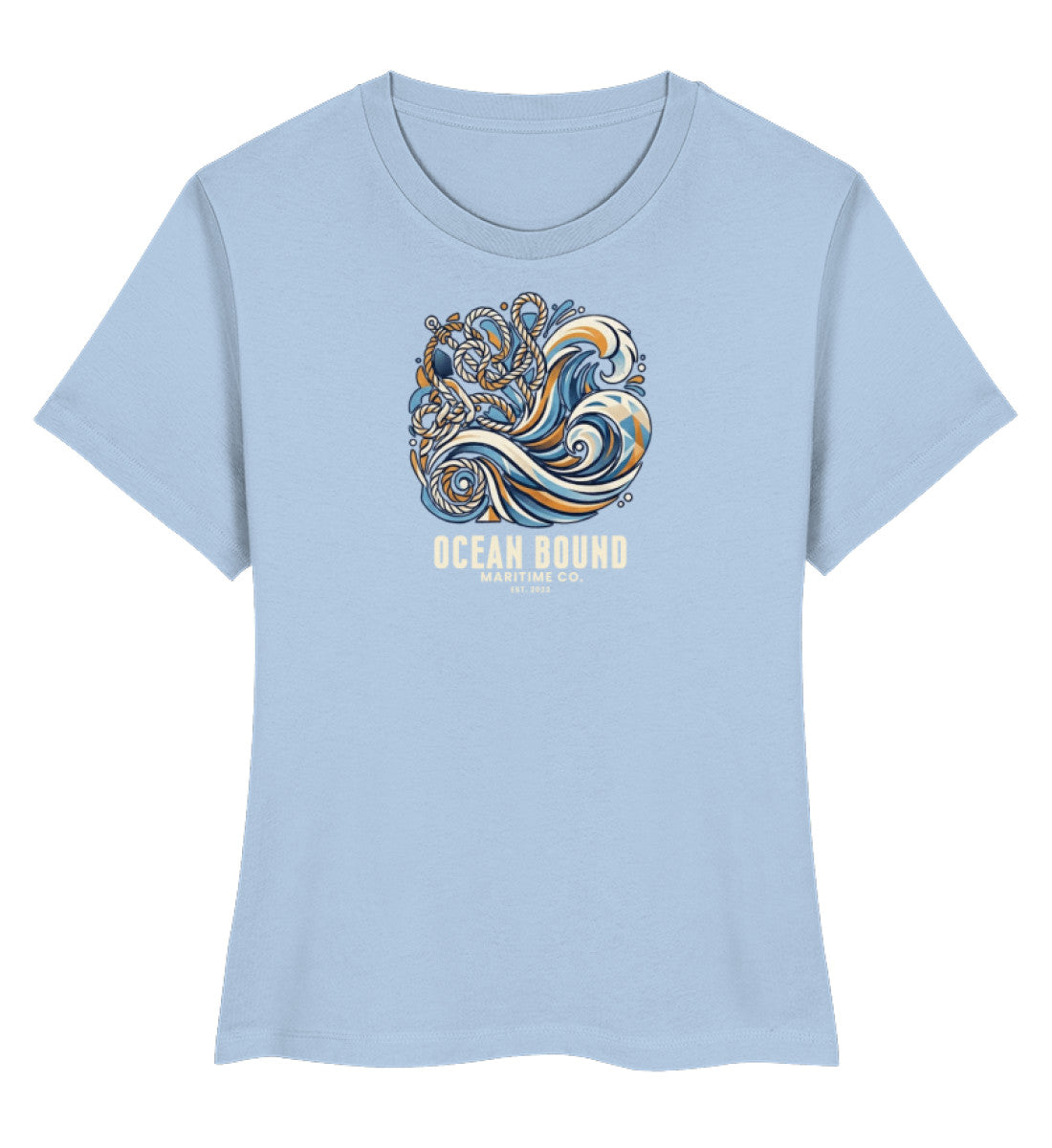 Hellblaues maritimes Damen Premium Organic Shirt „Ocean Bound Maritime Co.“ mit kraftvollem Wellen- und Seil-Grafikdesign in Navy-Blau und Ockerton. (Blue Soul-7317) digiuliano.com