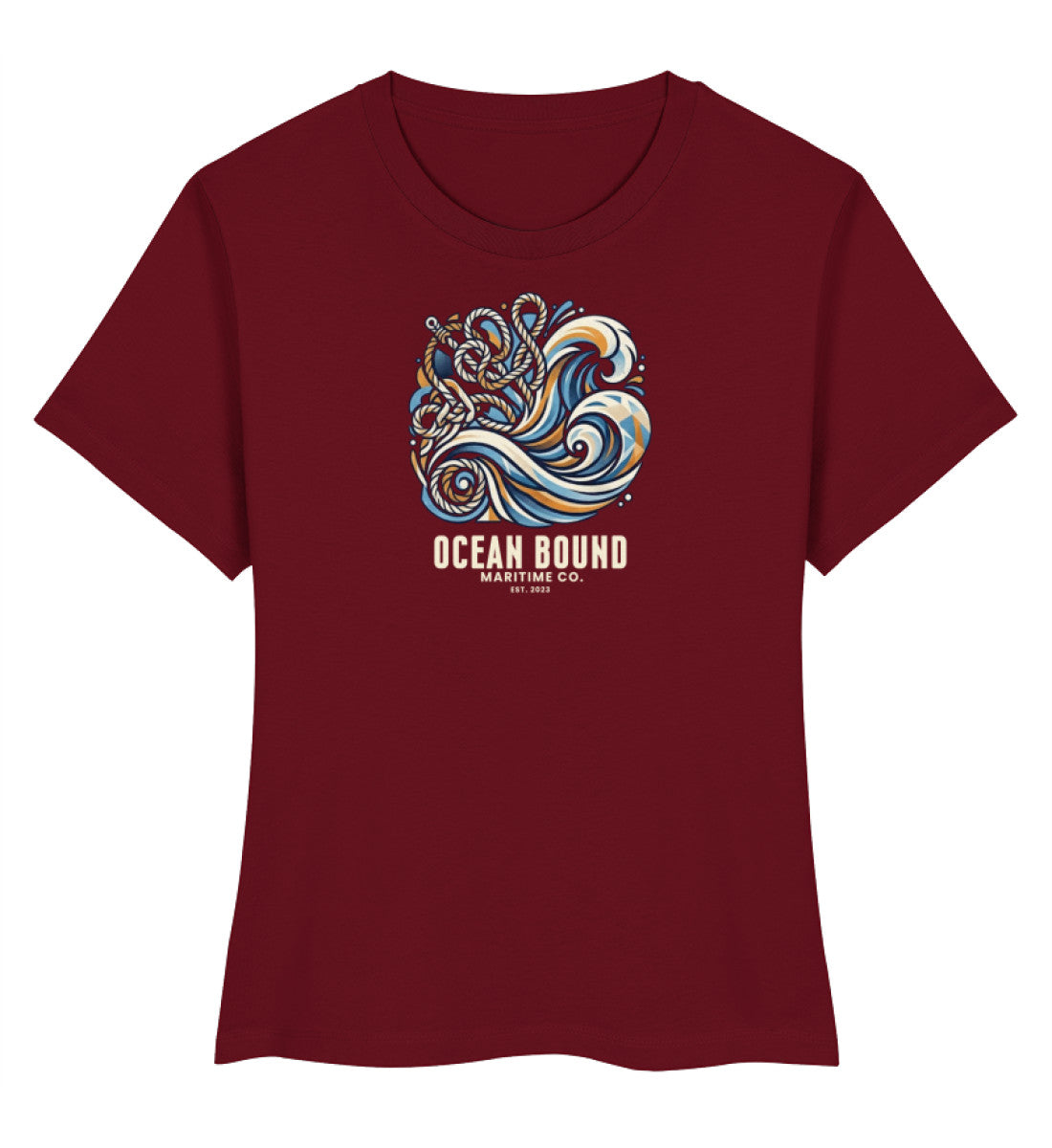 Dunkelrotes maritimes Damen Premium Organic Shirt „Ocean Bound Maritime Co.“ mit kraftvollem Wellen- und Seil-Grafikdesign in Navy-Blau und Ockerton. (Burgundy-6883) digiuliano.com
