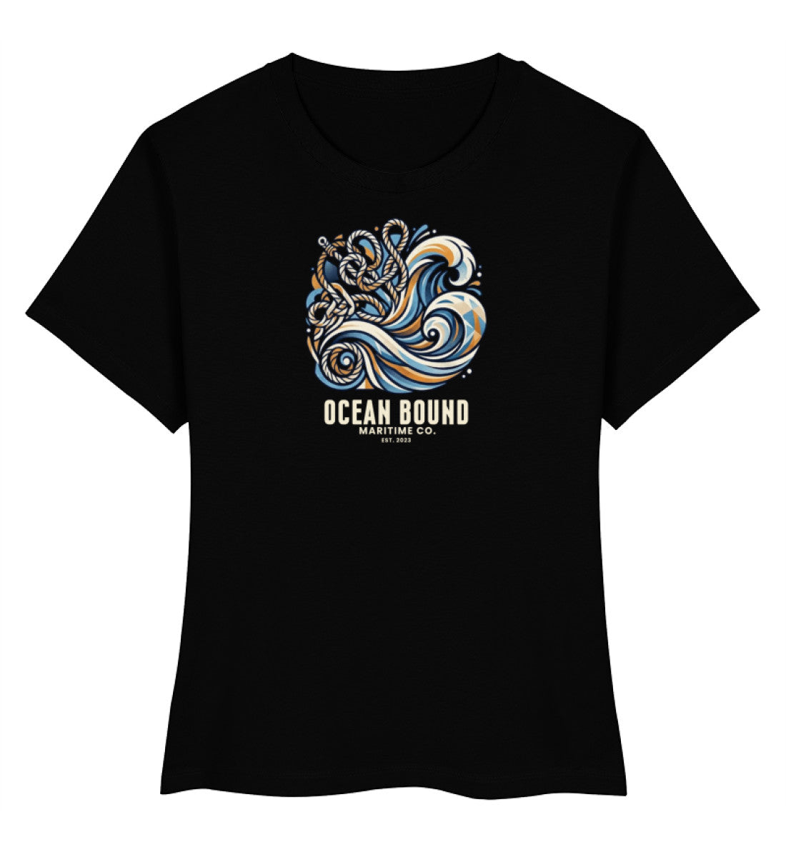 Schwarzes maritimes Damen Premium Organic Shirt „Ocean Bound Maritime Co.“ mit kraftvollem Wellen- und Seil-Grafikdesign in Navy-Blau und Ockerton. (black-16) digiuliano.com