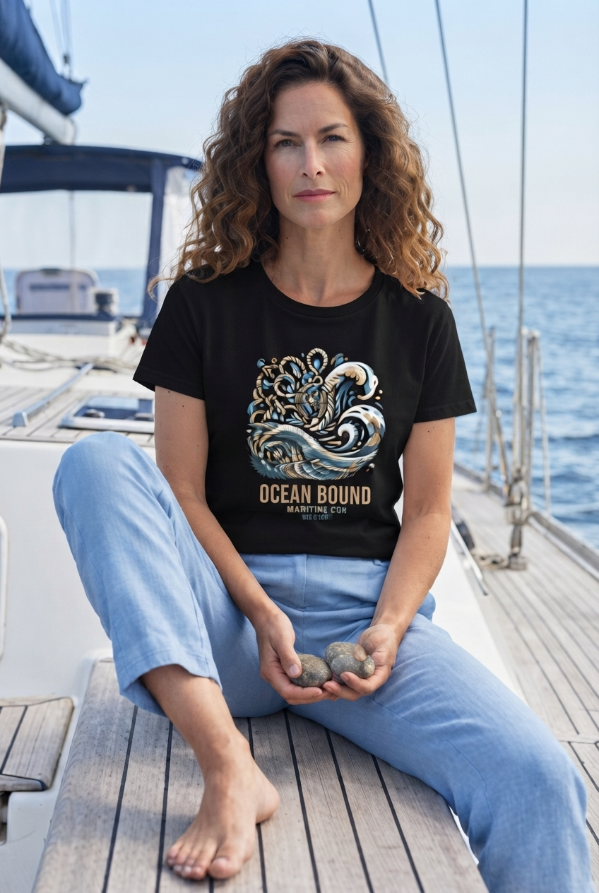 Schwarzes maritimes Damen Premium Organic Shirt „Ocean Bound Maritime Co.“ mit kraftvollem Wellen- und Seil-Grafikdesign in Navy-Blau und Ockerton. (black-16) digiuliano.com