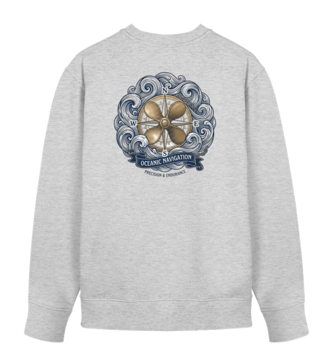 Maritimes Unisex Bio-Sweatshirt „Oceanic Navigation“ – Rückansicht mit detaillierter Kompassrose, Schiffsschraube und nautischem Wellendesign in grau (Heather Grey-6892) digiuliano.com