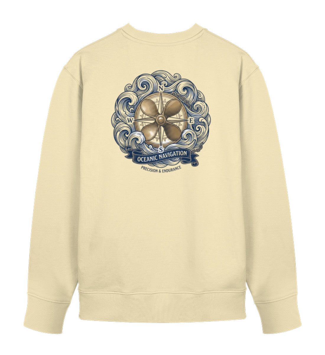 Maritimes Unisex Bio-Sweatshirt „Oceanic Navigation“ – Rückansicht mit detaillierter Kompassrose, Schiffsschraube und nautischem Wellendesign in natur (Natural Raw-7131) digiuliano.com