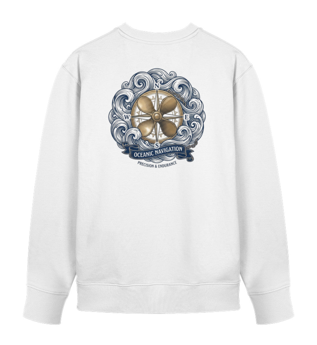 Maritimes Unisex Bio-Sweatshirt „Oceanic Navigation“ – Rückansicht mit detaillierter Kompassrose, Schiffsschraube und nautischem Wellendesign in weiss (White-3) digiuliano.com