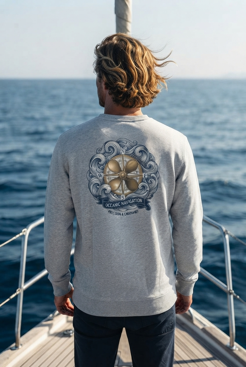 Maritimes Unisex Bio-Sweatshirt „Oceanic Navigation“ – Rückansicht mit detaillierter Kompassrose, Schiffsschraube und nautischem Wellendesign. 