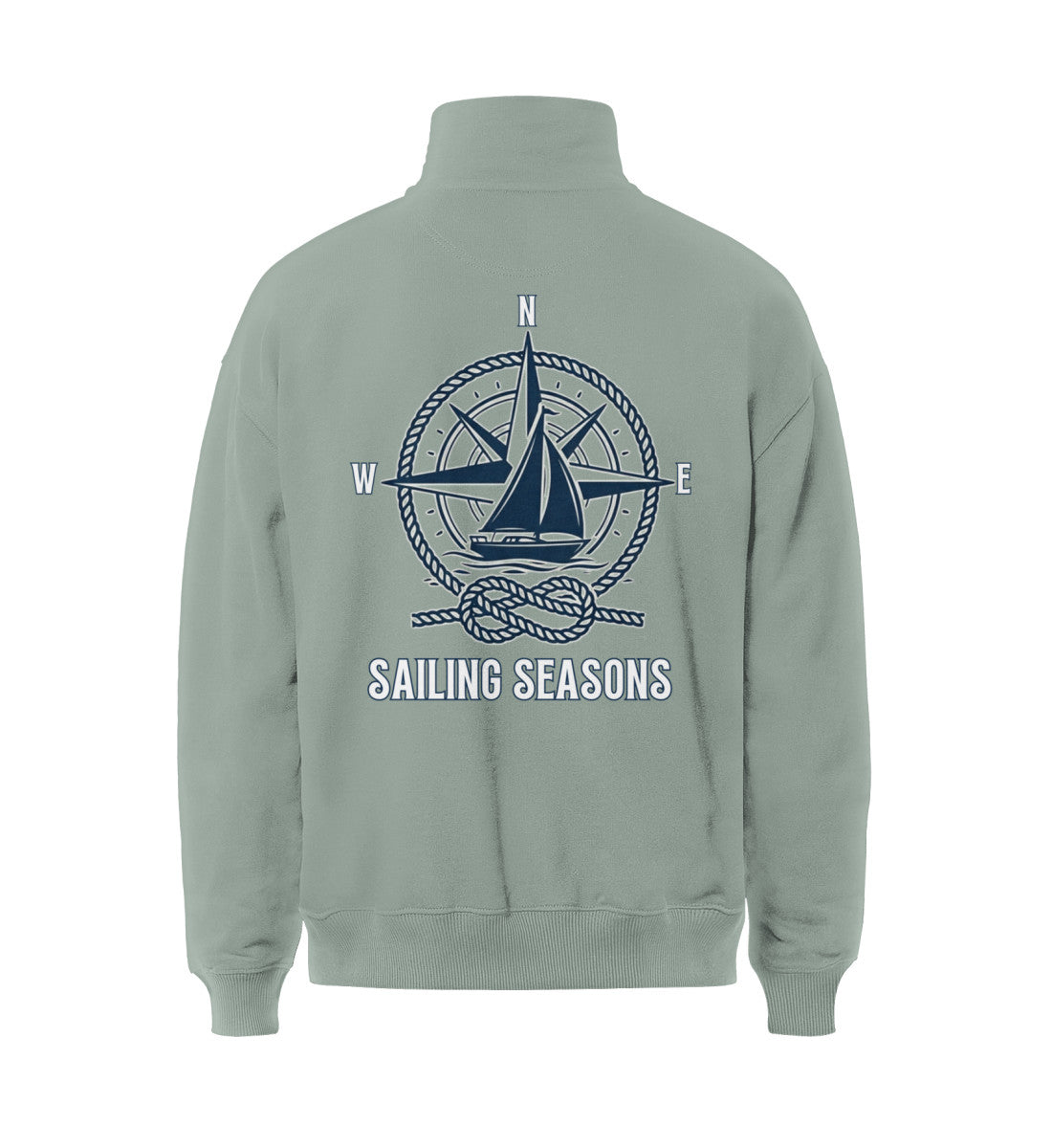Aloe maritimer Boxcut Zipper mit großem Rückenmotiv „Sailing Seasons“, detaillierter Kompassrose, Segelyacht, Taukreis und Seemannsknoten (Aloe-7216) www.digiuliano.com