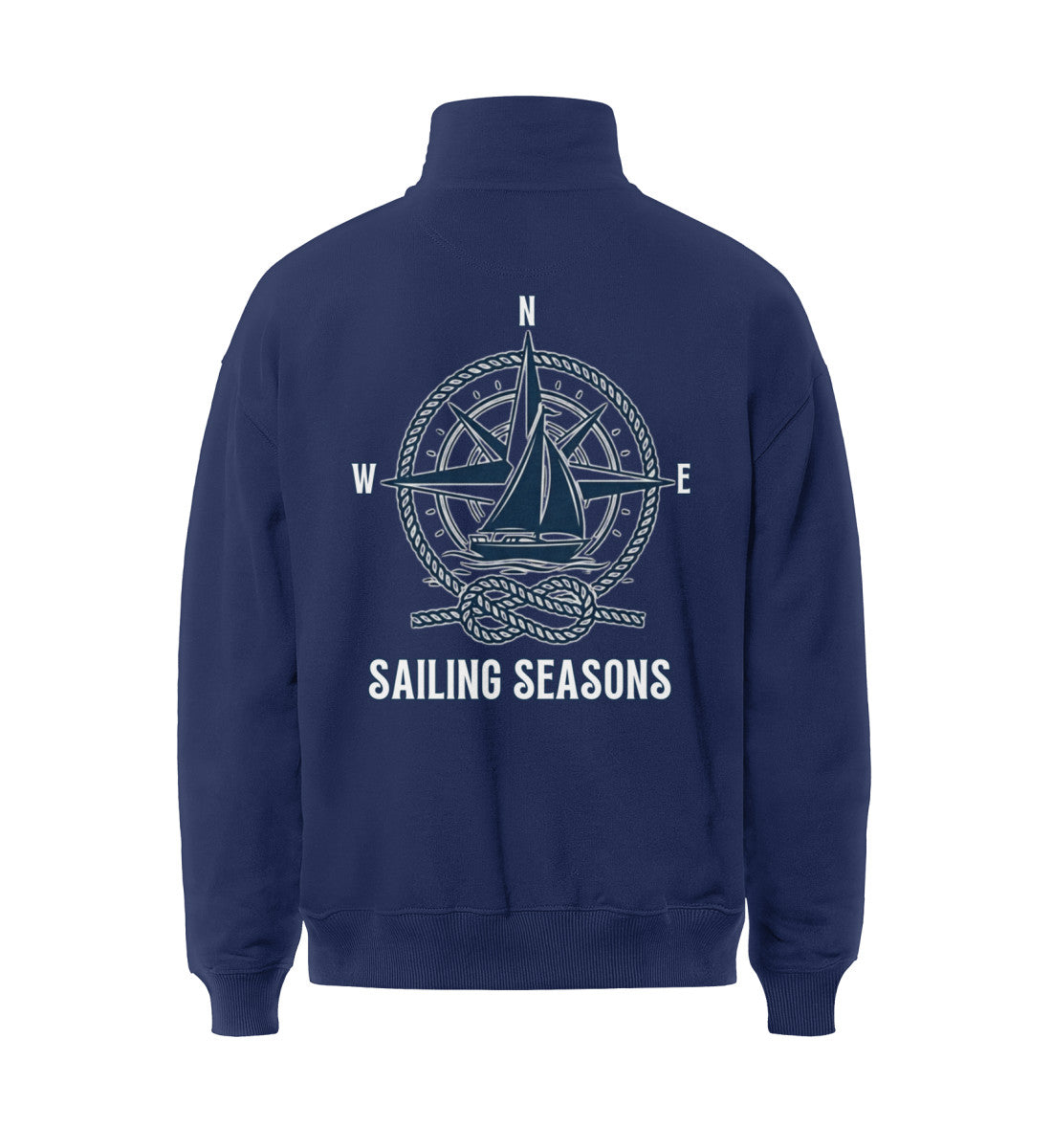 Dunkelblau maritimer Boxcut Zipper mit großem Rückenmotiv „Sailing Seasons“, detaillierter Kompassrose, Segelyacht, Taukreis und Seemannsknoten (French Navy-6057) www.digiuliano.com
