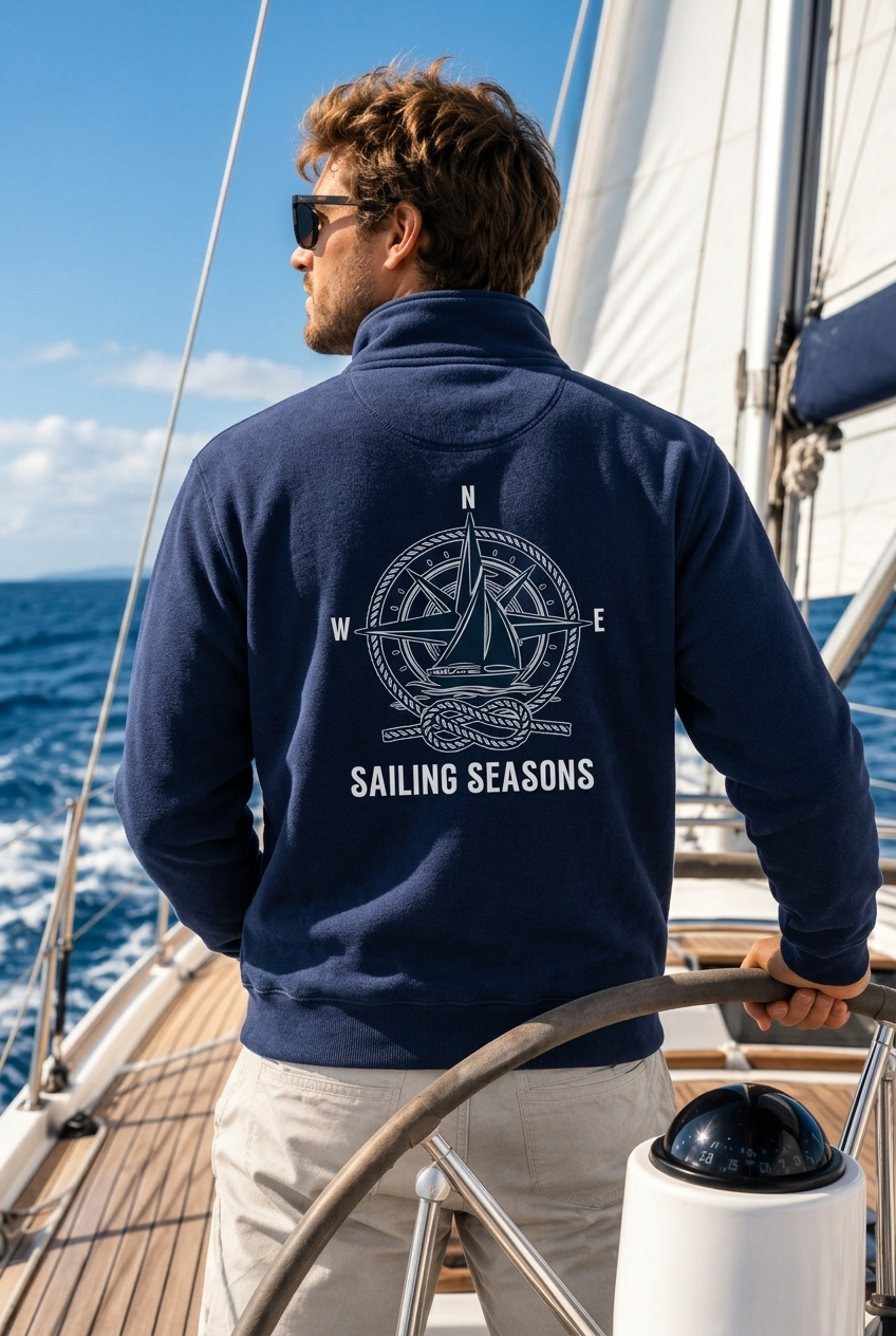 Dunkelblau maritimer Boxcut Zipper mit großem Rückenmotiv „Sailing Seasons“, detaillierter Kompassrose, Segelyacht, Taukreis und Seemannsknoten (French Navy-6057) www.digiuliano.com