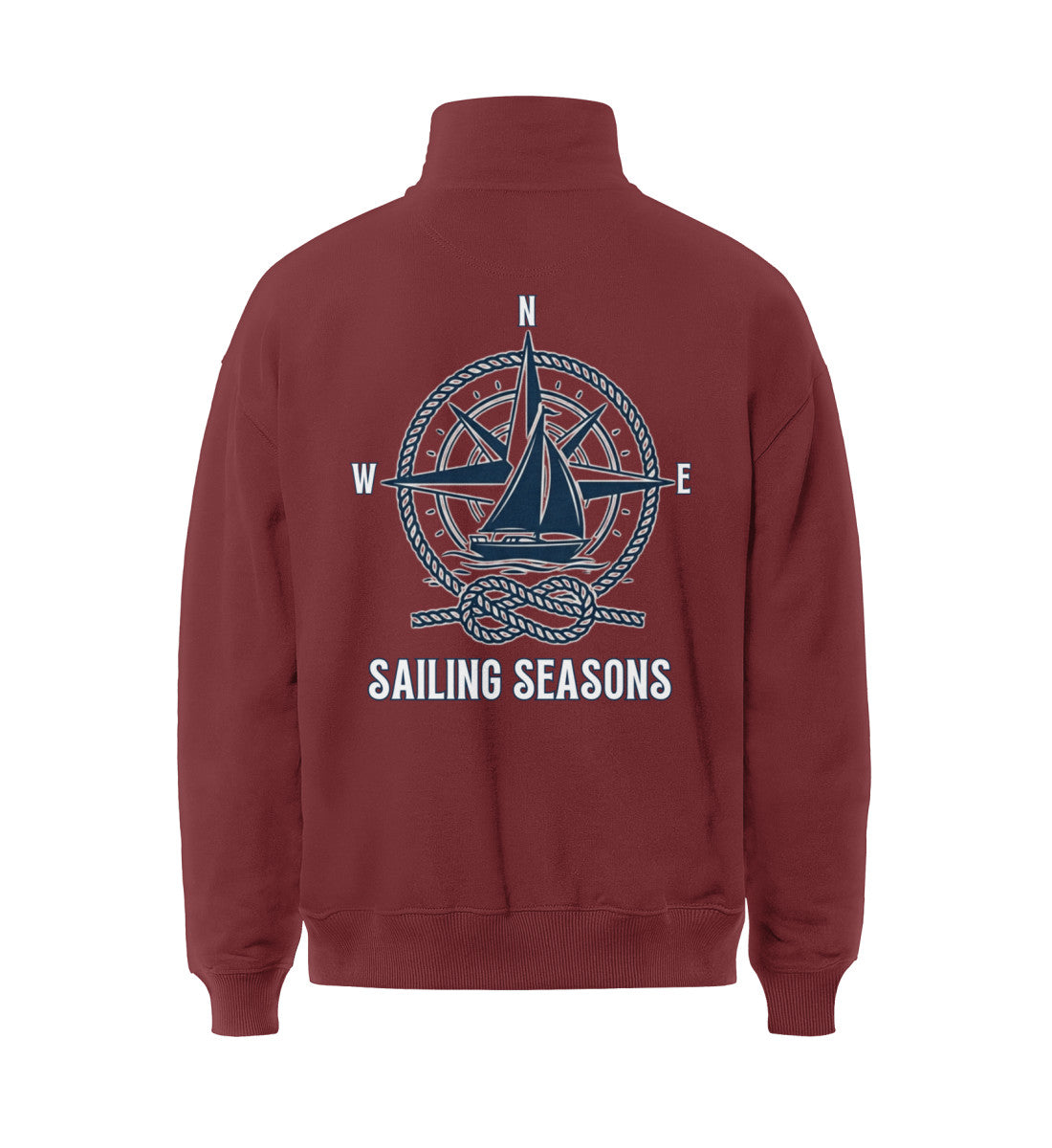 Dunkelrot maritimer Boxcut Zipper mit großem Rückenmotiv „Sailing Seasons“, detaillierter Kompassrose, Segelyacht, Taukreis und Seemannsknoten (Red Earth-7262) www.digiuliano.com