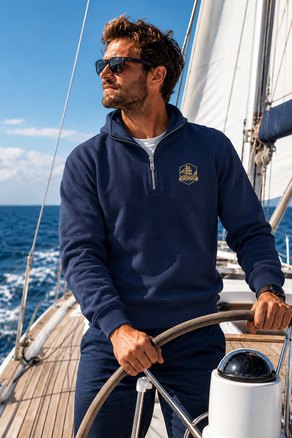 dunkelblau maritimer Boxcut Zipper Vorderteil mit Metall-Reißverschluss, Kängurutasche und kleinem bedruckten Logo auf der Brust. (French Navy) www.digiuliano.com
