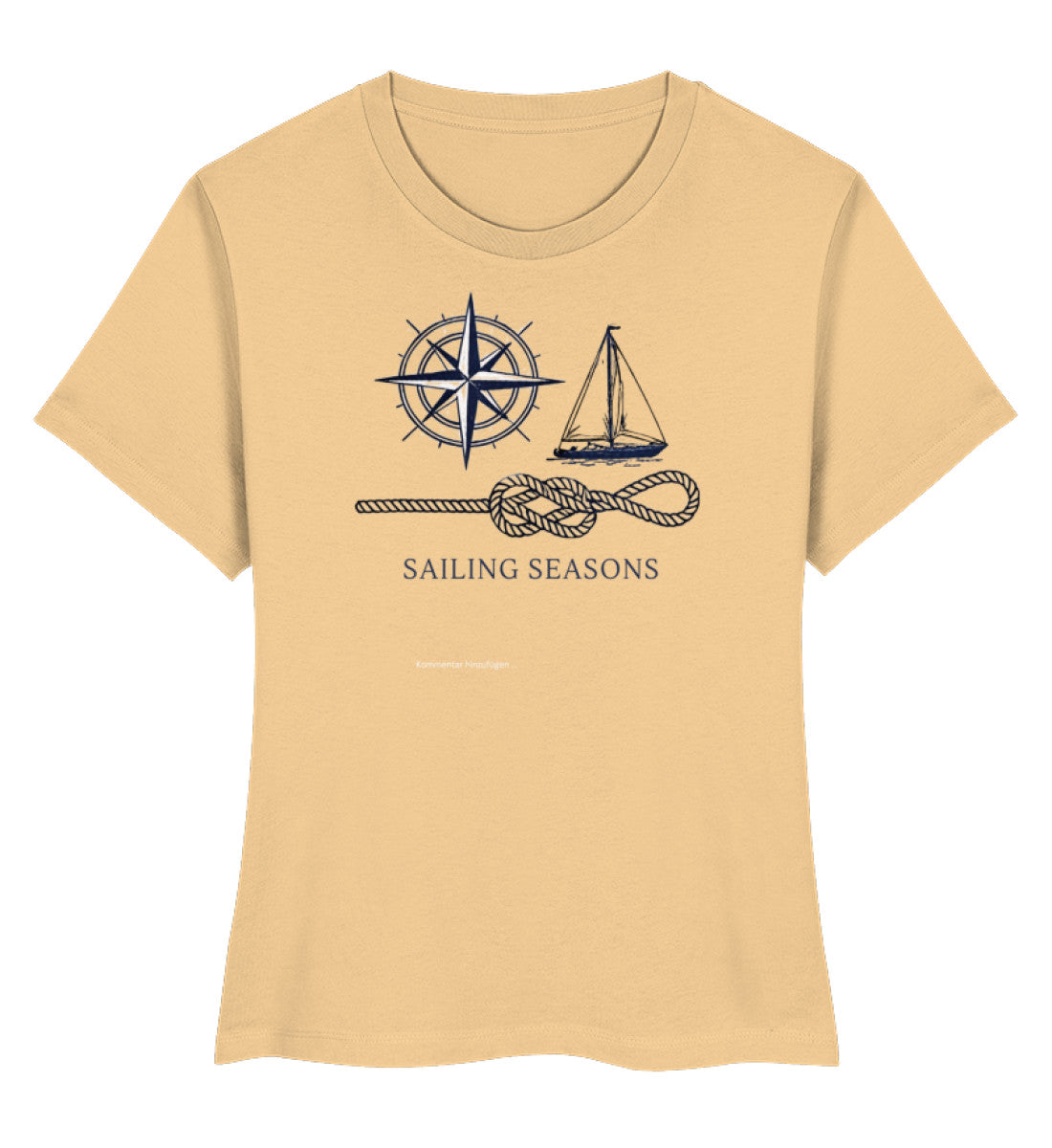 Gelbes Maritimes Damen Premium Organic T-Shirt mit dem Motiv „Sailing Seasons“, einer detaillierten Kompassrose, einer Segelyacht und einem Schiffstau. (Nispero-7315) www.digiuliano.com
