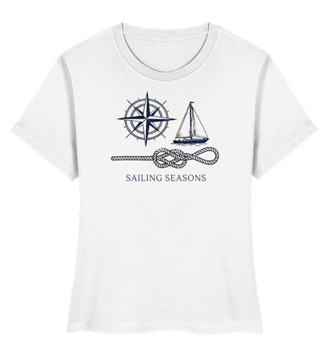 Weiss Maritimes Damen Premium Organic T-Shirt mit dem Motiv „Sailing Seasons“, einer detaillierten Kompassrose, einer Segelyacht und einem Schiffstau. (White-3) www.digiuliano.com