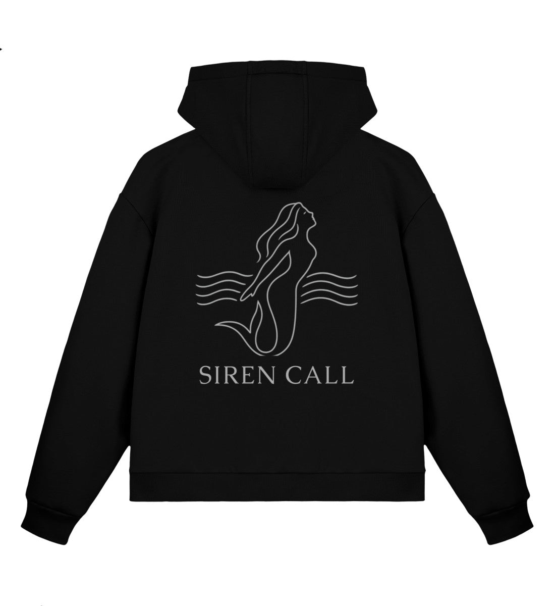 Schwarz maritimer Boxcut Zipper mit weißer Minimal-Line-Art einer Meerjungfrau in den Wellen und dem Schriftzug „Siren Call“ auf dunklem Hintergrund. (Black-16) www.digiuliano.com