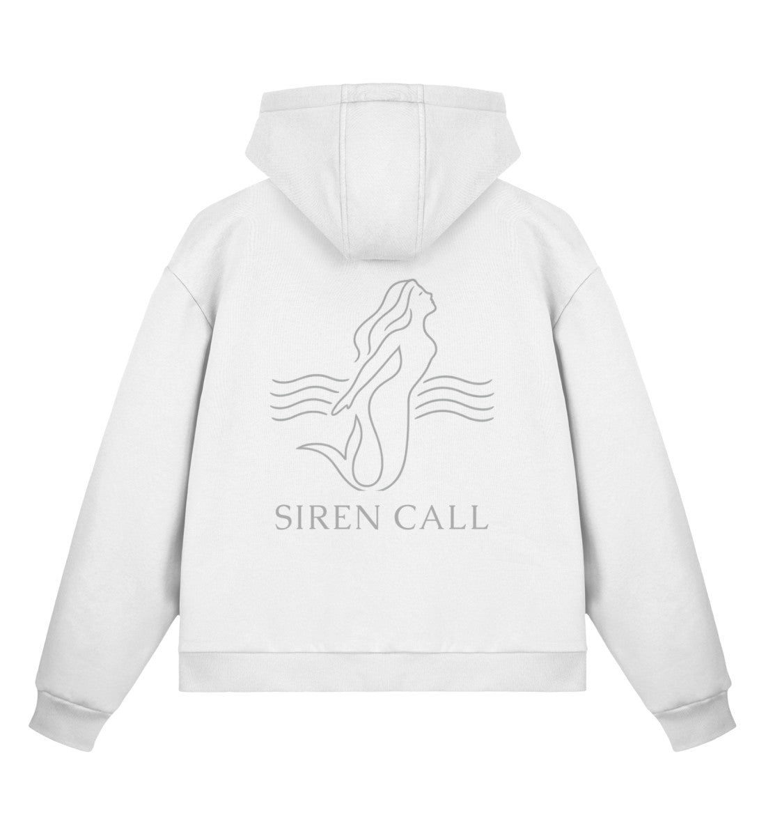 Weiss maritimer Boxcut Zipper mit weißer Minimal-Line-Art einer Meerjungfrau in den Wellen und dem Schriftzug „Siren Call“ auf dunklem Hintergrund. (White-3) www.digiuliano.com