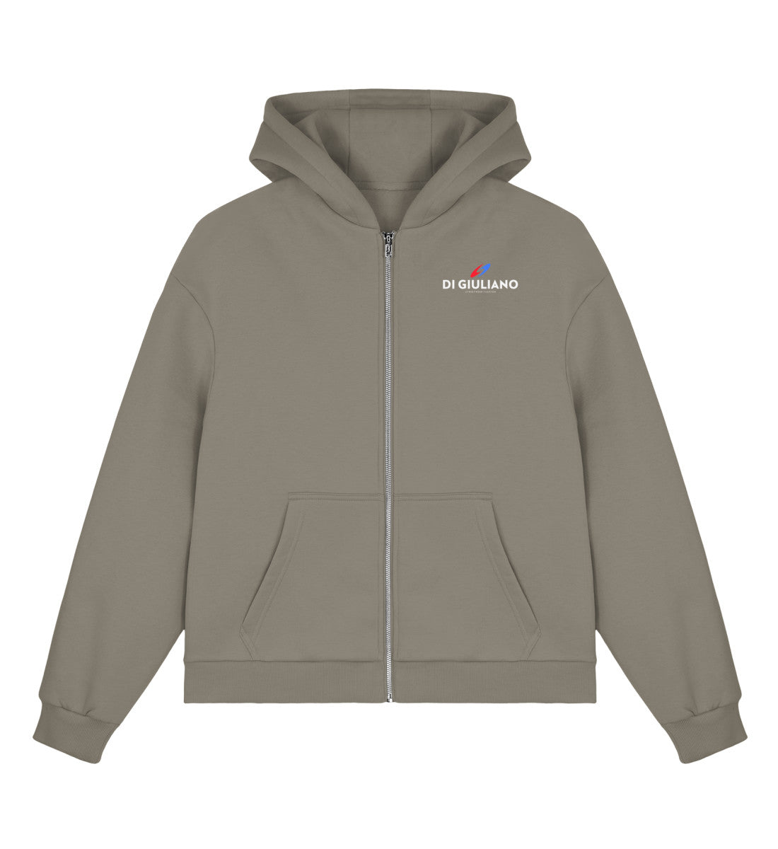 Oliv maritimer Boxcut Zipper mit Metall-Reißverschluss, Kängurutasche und kleinem bedruckten Logo auf der Brust. (Pale Olive-7353) www.digiuliano.com