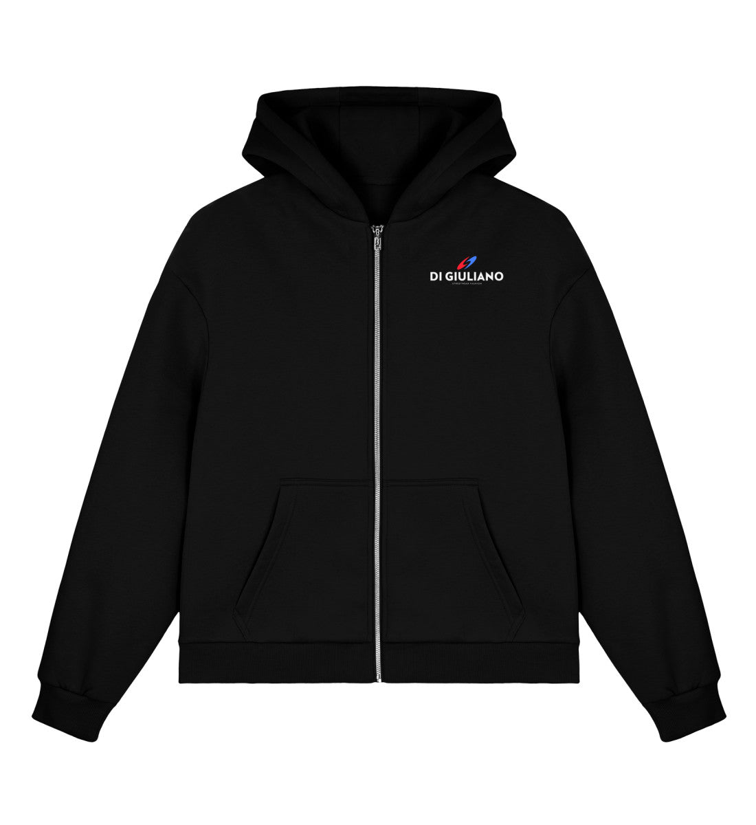 Schwarz maritimer Boxcut Zipper mit Metall-Reißverschluss, Kängurutasche und kleinem bedruckten Logo auf der Brust. (Black-16) www.digiuliano.com