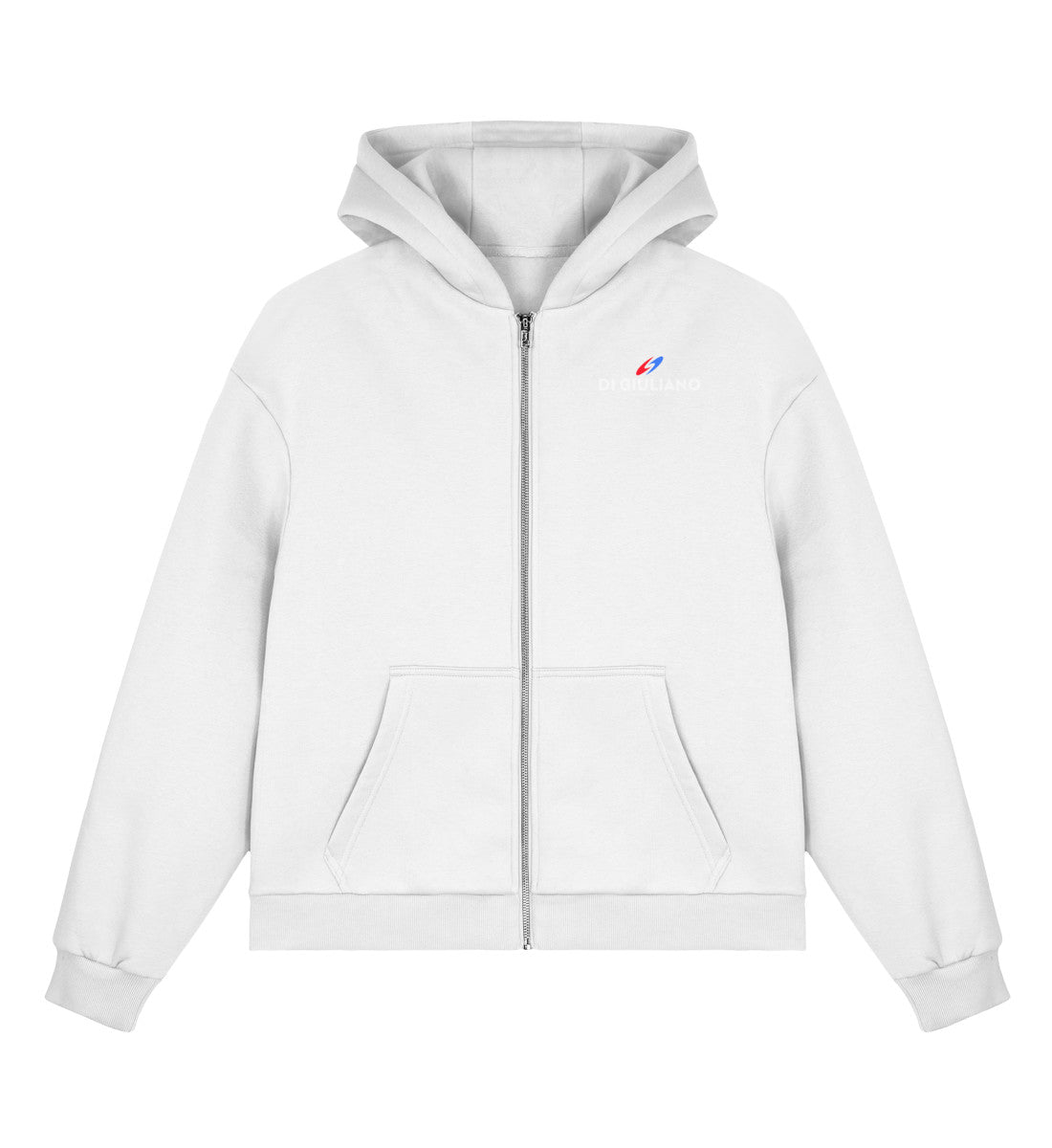Weiss maritimer Boxcut Zipper mit Metall-Reißverschluss, Kängurutasche und kleinem bedruckten Logo auf der Brust. (White-3) www.digiuliano.com