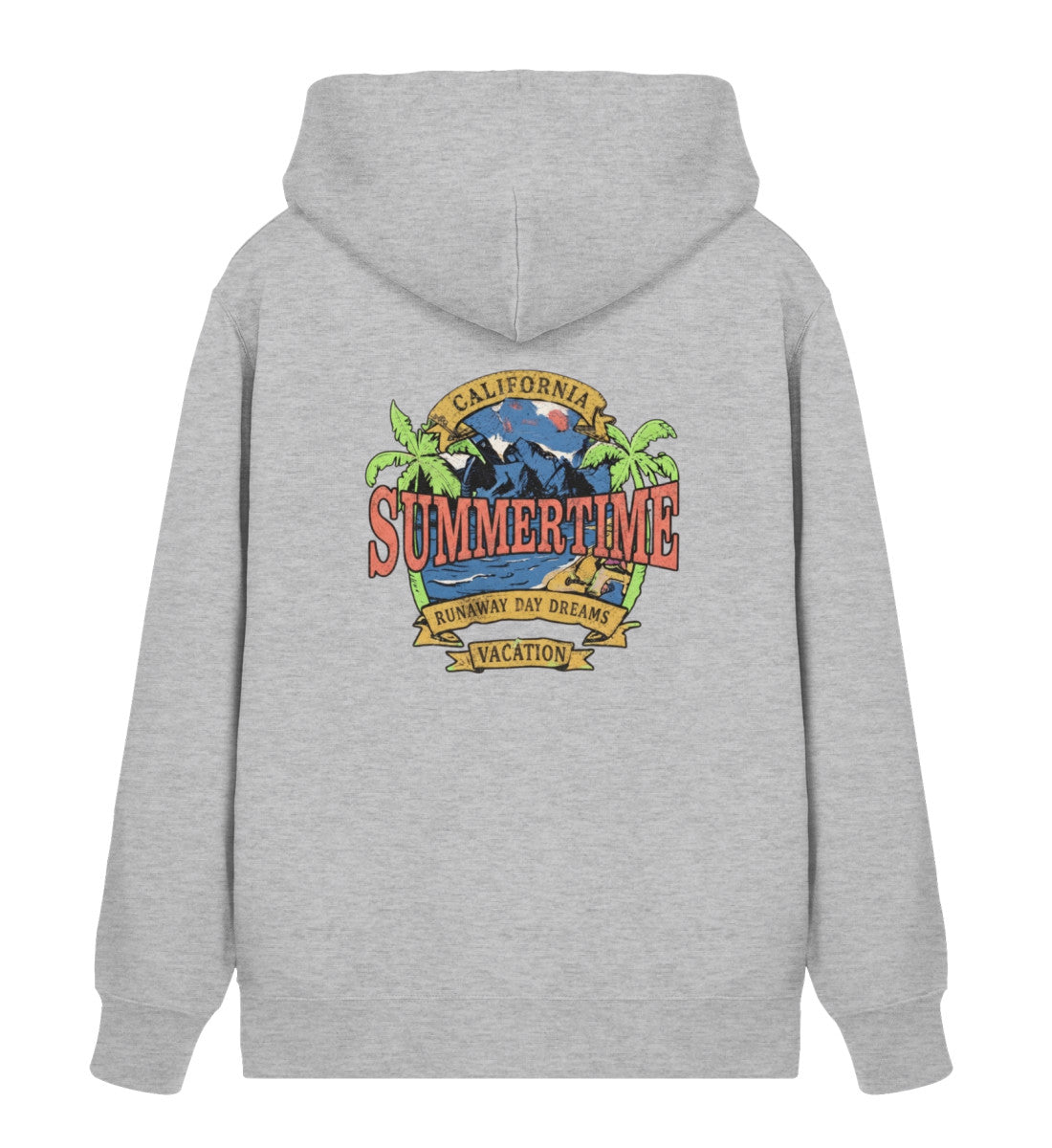Grau maritimer Unisex Organic Zipper mit California-Sommer-Design – Rückansicht mit großem Motiv aus Palmen, Vintage-Schriftzügen und nachhaltiger Bio-Qualität. (Heather Grey-17) digiuliano.com
