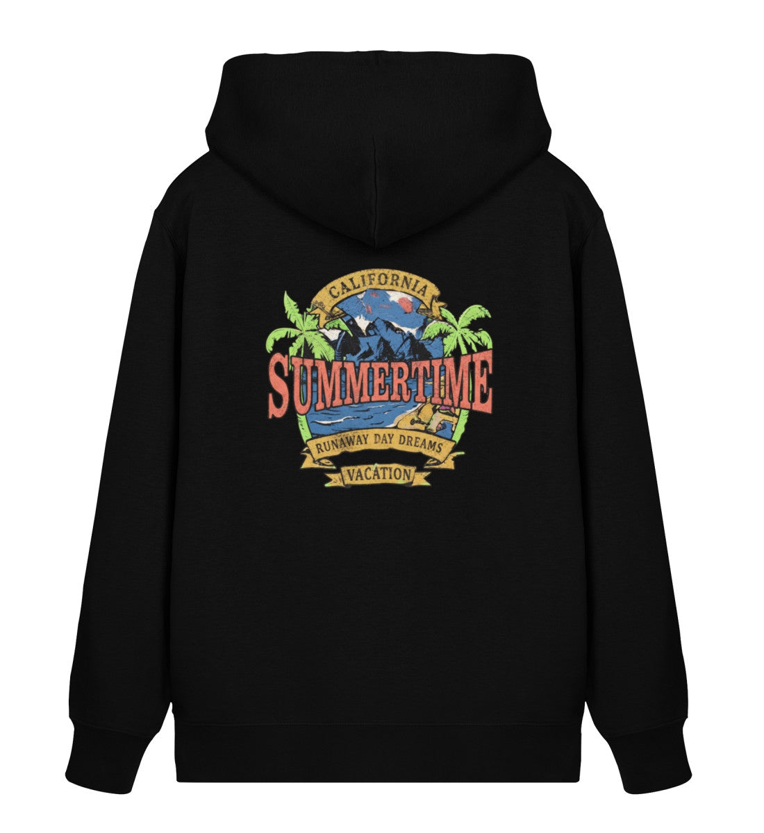 Schwarz maritimer Unisex Organic Zipper mit California-Sommer-Design – Rückansicht mit großem Motiv aus Palmen, Vintage-Schriftzügen und nachhaltiger Bio-Qualität. (Black-16) digiuliano.com