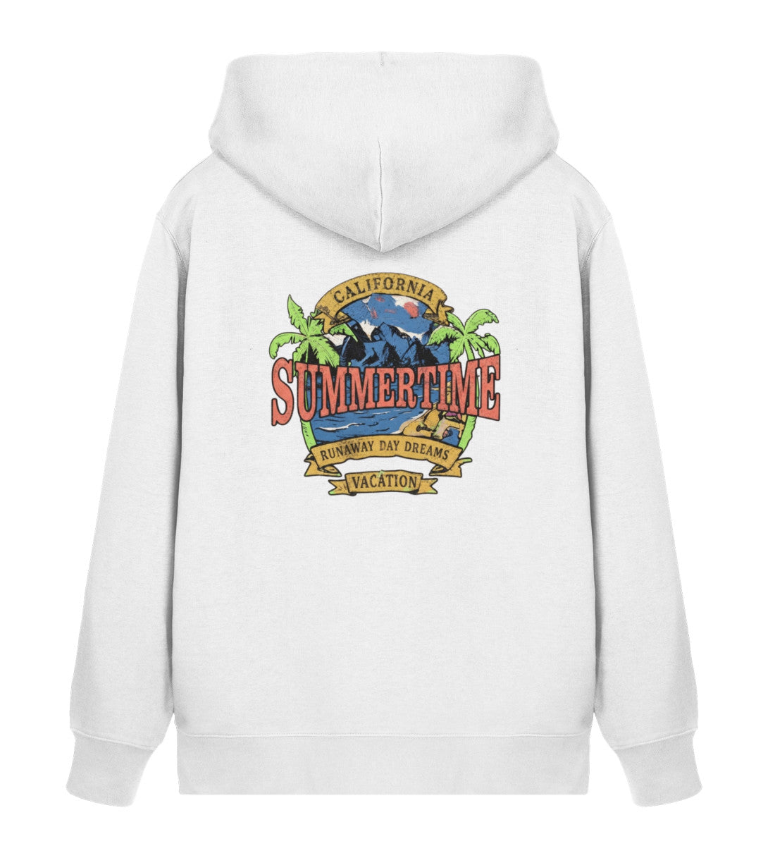 Weiß maritimer Unisex Organic Zipper mit California-Sommer-Design – Rückansicht mit großem Motiv aus Palmen, Vintage-Schriftzügen und nachhaltiger Bio-Qualität. (White-3) digiuliano.com