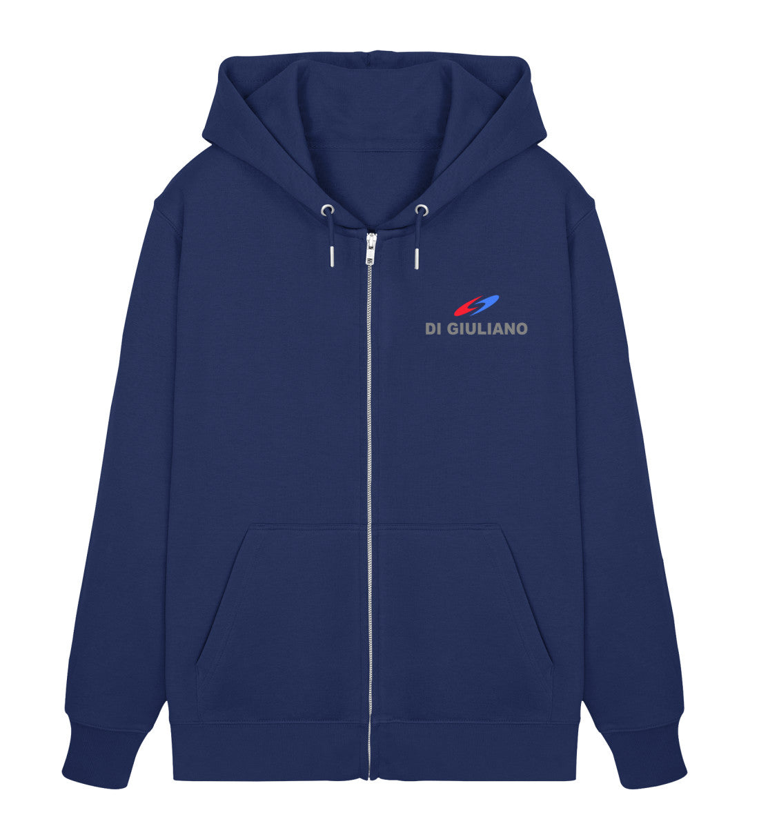 Dunkelblau maritimer Unisex Organic Zipper mit California-Sommer-Design – Vorderansicht mit durchgehendem Reißverschluss und kleinem, bedrucktem Logo auf der linken Brust. (French Navy-6057) digiuliano.com